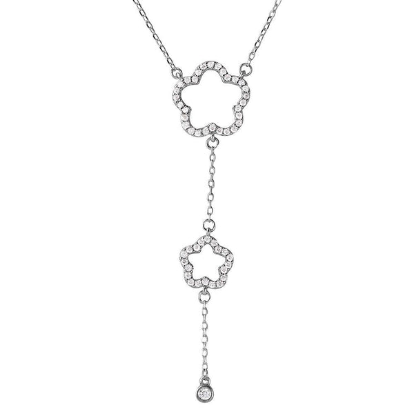 Silver 925 Rhodium Plated Double Open CZ Clover Drop Necklace