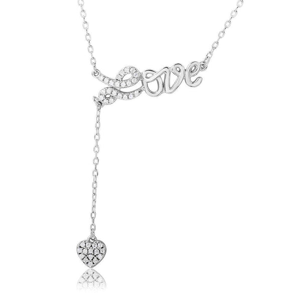 Silver 925 Rhodium Plated CZ Love with Hanging Heart Necklace