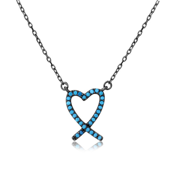Silver 925 Black Rhodium Open Heart Necklace with Turquoise Stones