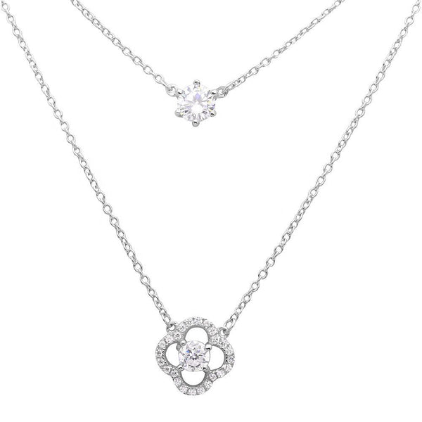 Sterling Silver Rhodium Plated CZ And Open Flower Necklace
