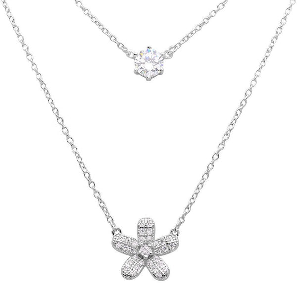 Silver 925 Rhodium Plated Double Chain CZ and Hibiscus Flower Necklace
