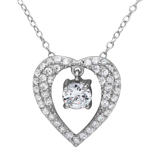 Silver 925 Rhodium Plated Open Heart Necklace with Hanging Stone
