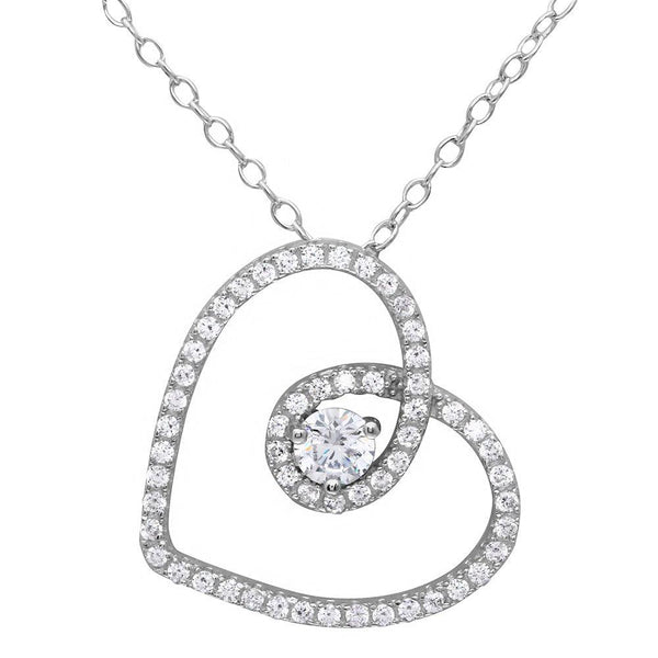 Silver 925 Rhodium Plated CZ Open Script Heart Necklace