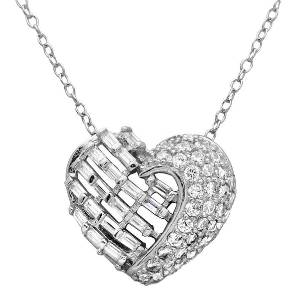 Silver 925 Rhodium Plated 2 Sided Baguette CZ Stones Heart Necklace