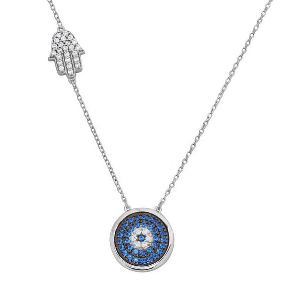 Rhodium Plated 925 Sterling Silver Evil Eye Necklace with CZ Hamsa Hand