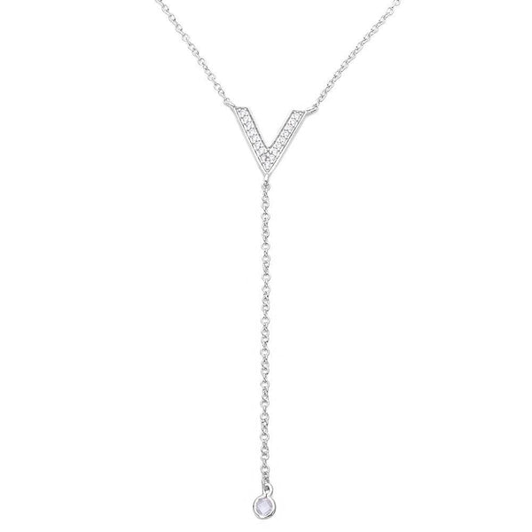 Silver 925 Rhodium Plated V Shape CZ Drop Necklace