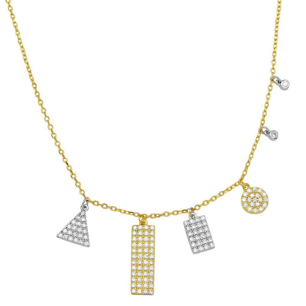 Gold Plated 925 Sterling Silver Multi Shape Two-Tone CZ Encrusted Charm Necklace