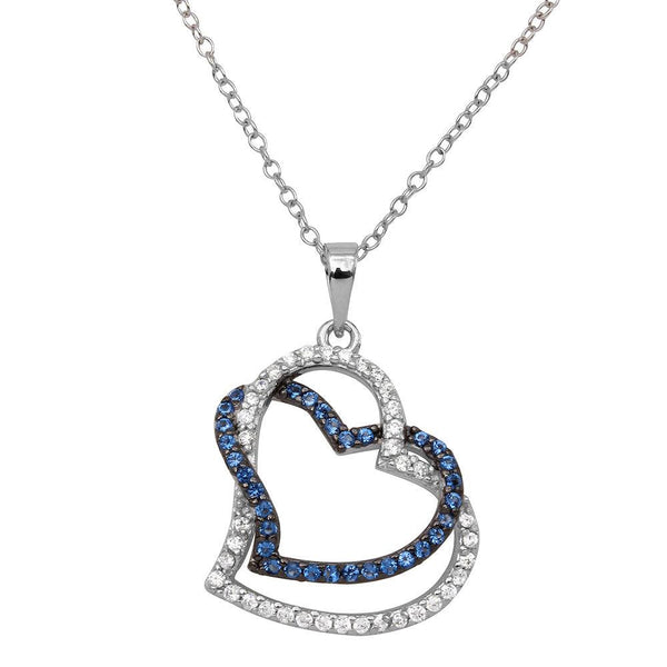 Rhodium Plated 925 Sterling Silver Double Open Heart CZ Necklace