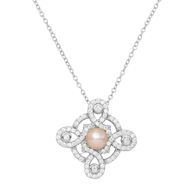 Rhodium Plated 925 Sterling Silver CZ Encrusted Outline Cross with Fresh Water Pearl Necklace