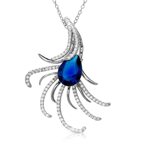 Rhodium Plated 925 Sterling Silver Swirl CZ Necklace with Blue Pearl CZ