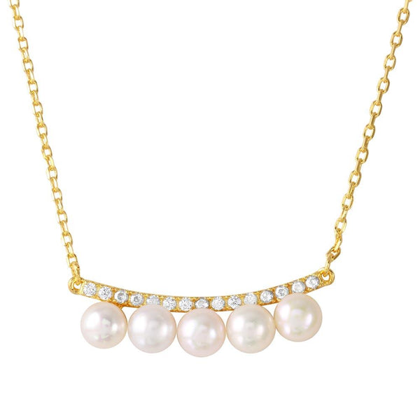 Rhodium Plated 925 Sterling Silver Curved Bar with CZ and Hanging Fresh Mother of Pearl Necklace