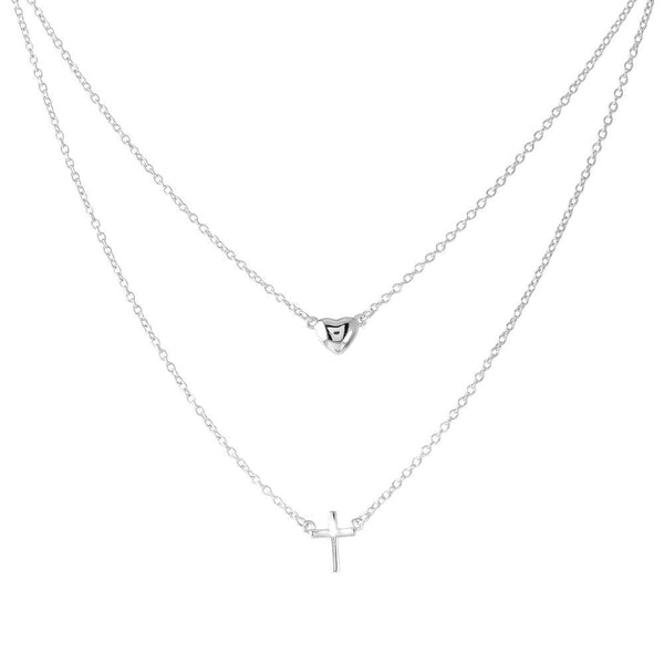Rhodium Plated 925 Sterling Silver Double Strand Heart and Cross Necklace