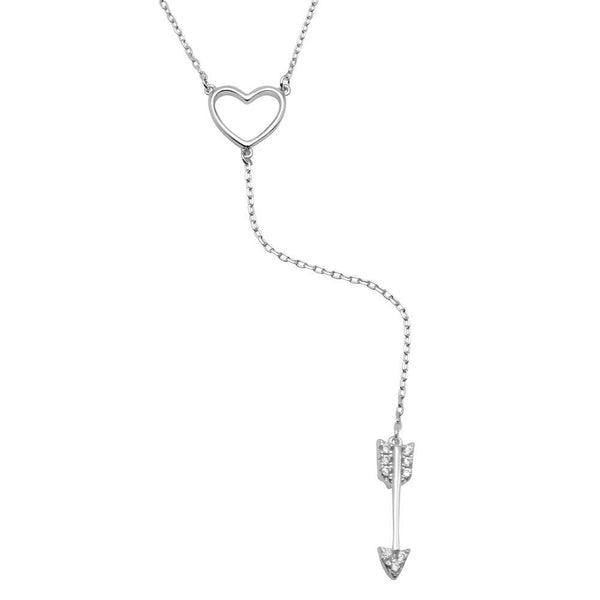 Rhodium Plated 925 Sterling Silver Heart Necklace with Dropped CZ Arrow