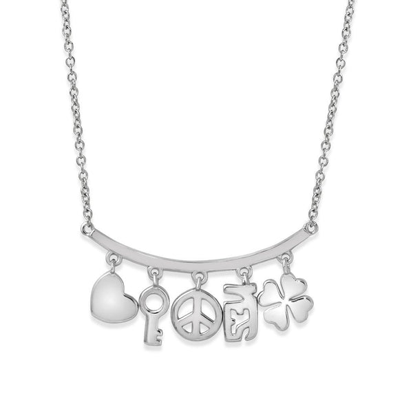 Rhodium Plated 925 Sterling Silver Slanted Line Bar Necklace with Dangling Charms