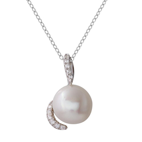 Rhodium Plated 925 Sterling Silver Fresh Water Pearl Necklace with Hooked CZ