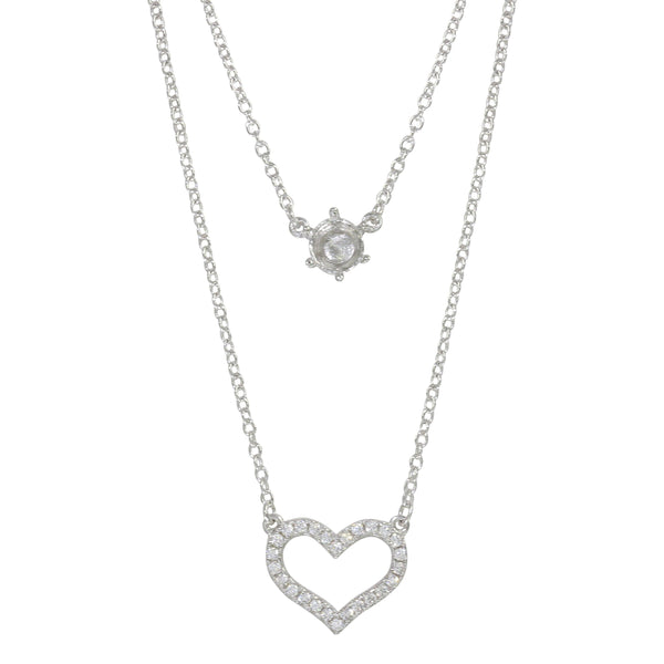 Rhodium Plated 925 Sterling Silver Double Chain Heart Necklace with Mounting Set