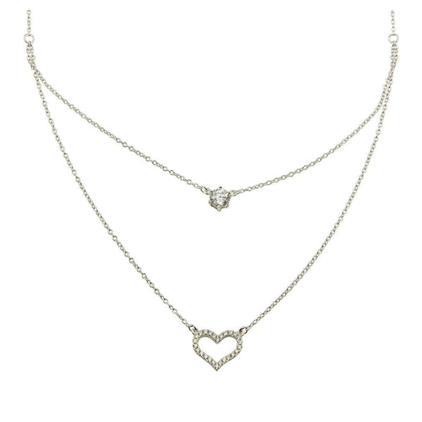Rhodium Plated 925 Sterling Silver Double Chain Heart Necklace with CZ