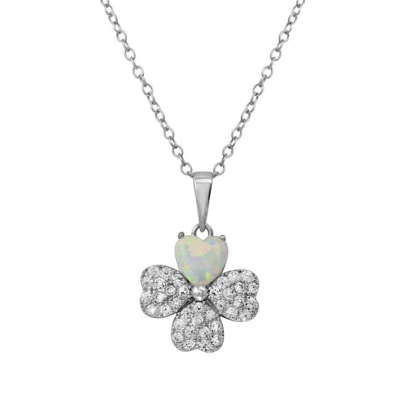 Rhodium Plated 925 Sterling Silver Clover CZ and Synthetic Opal Leaf Necklace