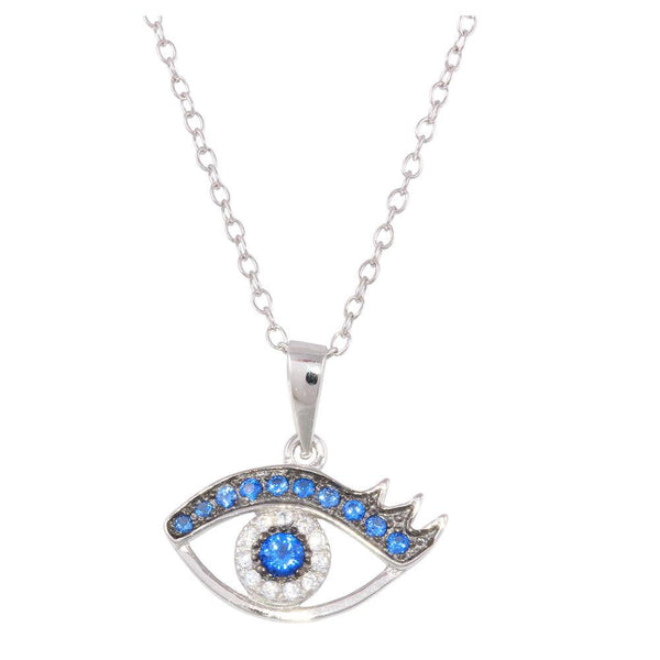 Rhodium Plated 925 Sterling Silver Small Evil Eye Pendant Necklace with Clear and Blue CZ