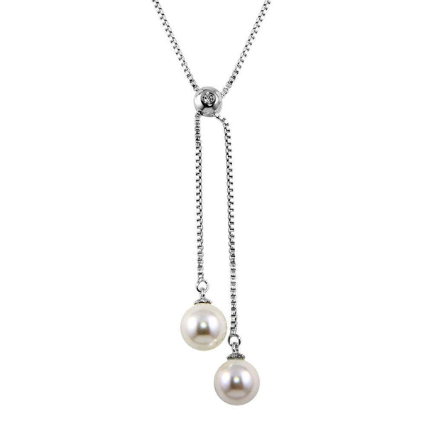 Rhodium Plated 925 Sterling Silver Box Drop Synthetic Pearl Necklace