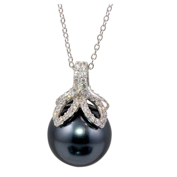 Rhodium Plated 925 Sterling Silver Grey Pearl Pendant Necklace with CZ