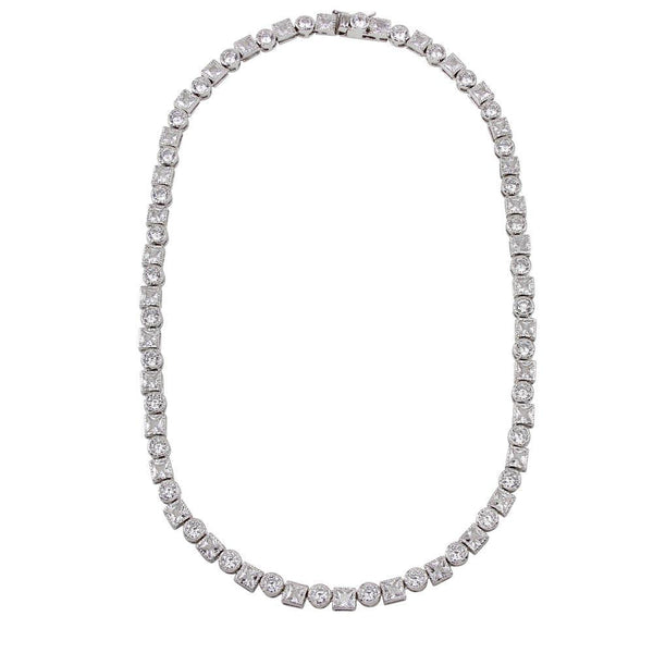 Rhodium Plated 925 Sterling Silver Round and Square CZ Infinity Necklace