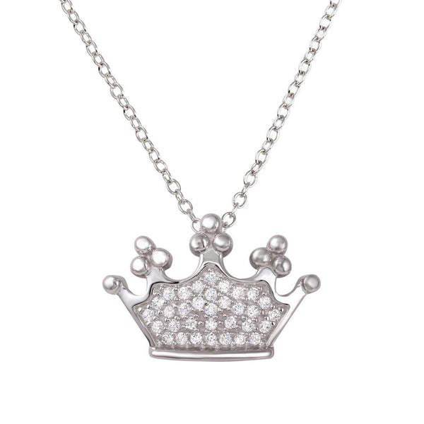 Rhodium Plated 925 Sterling Silver Crown Pendant Necklace with CZ