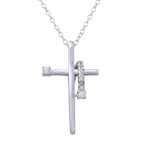 Rhodium Plated 925 Sterling Silver Clear CZ Designed Cross Necklace