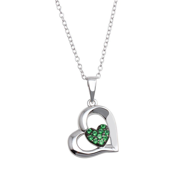 Rhodium Plated 925 Sterling Silver Heart Pendant Necklace with Green CZ