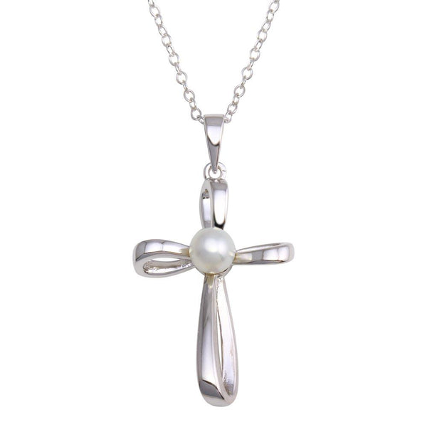 Rhodium Plated 925 Sterling Silver Pearl Center Cross Necklace