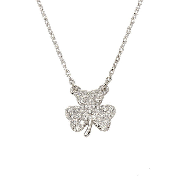 Rhodium Plated 925 Sterling High Polished 925 Sterling SilverClover Necklace CZ Necklace