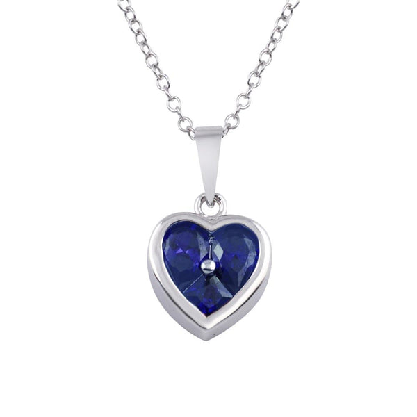 Rhodium Plated 925 Sterling Silver Heart Blue CZ Necklace