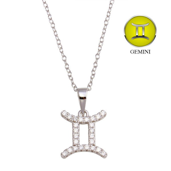 Rhodium Plated 925 Sterling Silver Gemini CZ Zodiac Sign Necklace