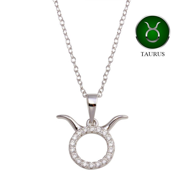 Rhodium Plated 925 Sterling Silver Taurus CZ Zodiac Sign Necklace