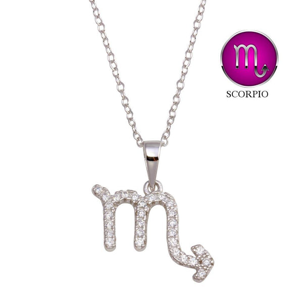 Rhodium Plated 925 Sterling Silver Scorpio CZ Zodiac Sign Necklace