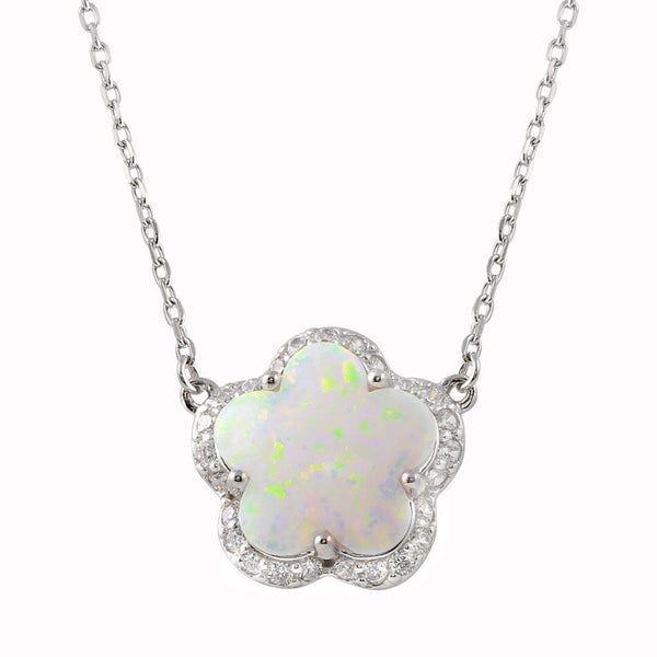 Rhodium Plated 925 Sterling Silver Opal and CZ Flower Necklace