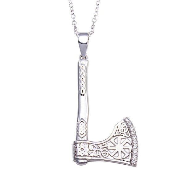 Rhodium Plated 925 Sterling Silver Indian Axe CZ Necklace