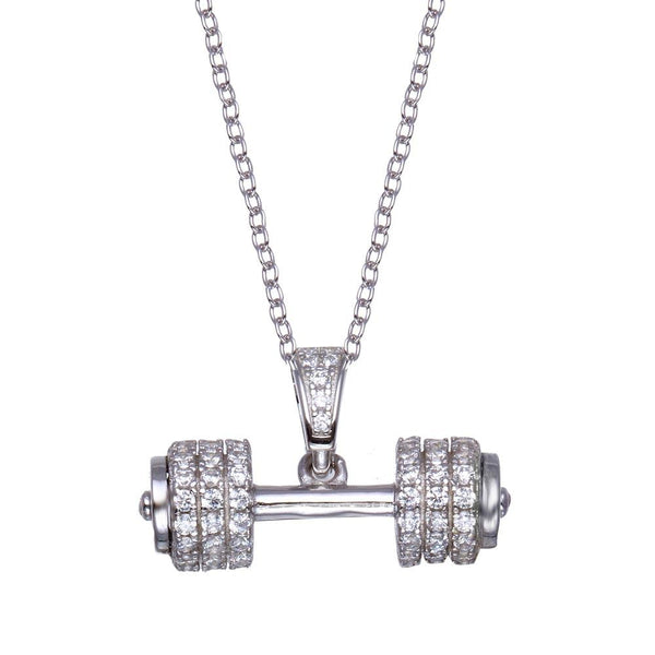 Rhodium Plated 925 Sterling Silver Small Dumbbell CZ Necklace