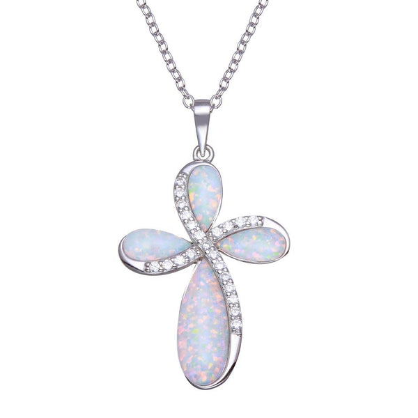 Rhodium Plated 925 Sterling Silver Opal Clear CZ Cross Necklace