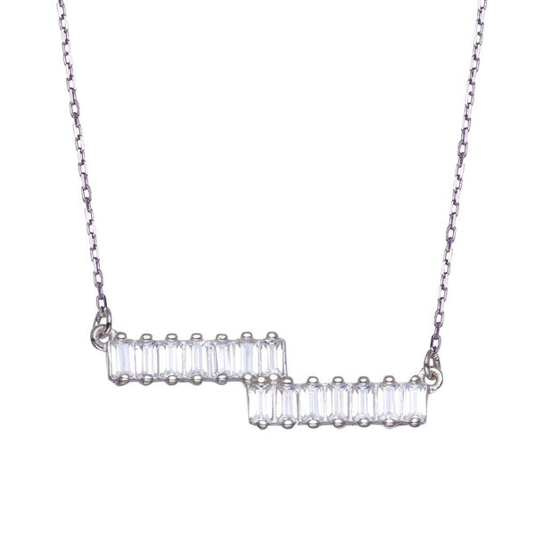 Rhodium Plated 925 Sterling Silver Double Baguette Horizontal Bar CZ Necklace