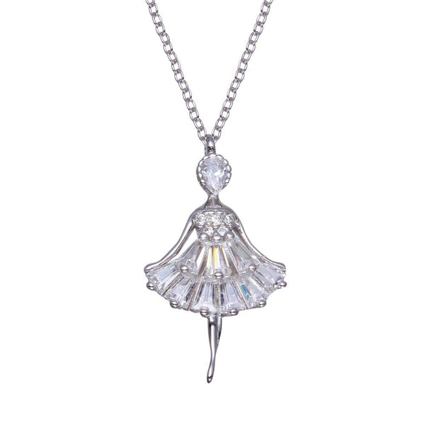 Rhodium Plated 925 Sterling Silver Ballerina Baguette CZ Necklace