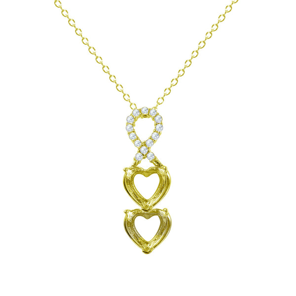 Gold Plated 925 Sterling Silver Personalized Ribbon 2 Hearts Drop Mounting Necklace