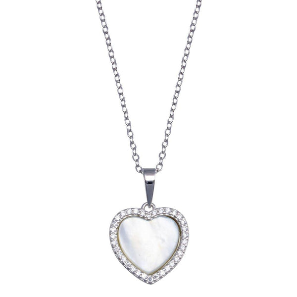 Rhodium Plated 925 Sterling Silver  Heart Mother of Pearl Necklace