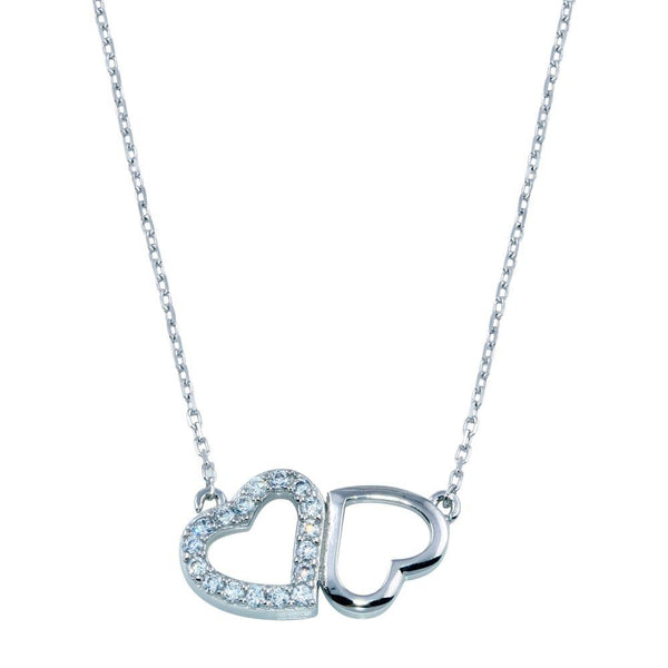 Rhodium Plated 925 Sterling Silver CZ Twin Hearts Necklace
