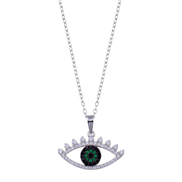 Rhodium Plated 925 Sterling Silver Clear Green CZ Evil Eye Necklace