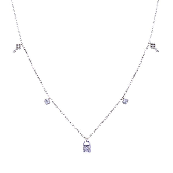 Rhodium Plated 925 Sterling Silver Clear CZ Lock and Key Necklace