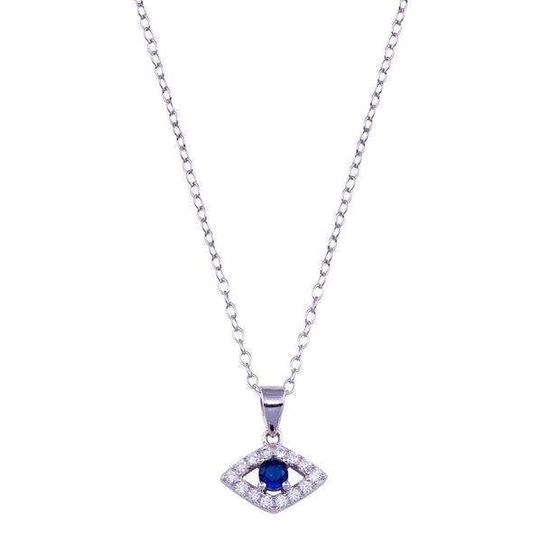 Rhodium Plated 925 Sterling Silver Clear and Blue CZ Evil Eye Necklace