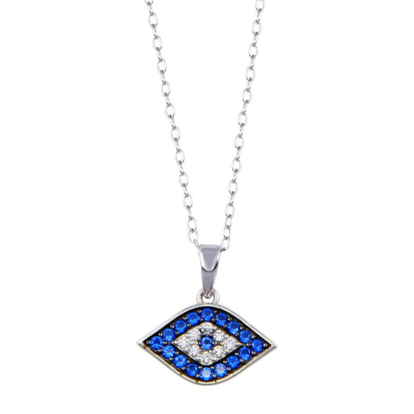 Rhodium Plated 925 Sterling Silver  Evil Eye Blue and Clear CZ Necklace
