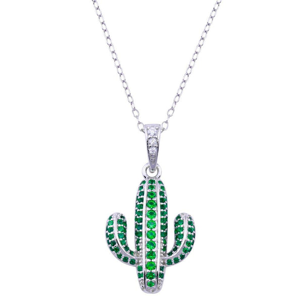 Rhodium Plated 925 Sterling Silver Cactus Green CZ Necklace
