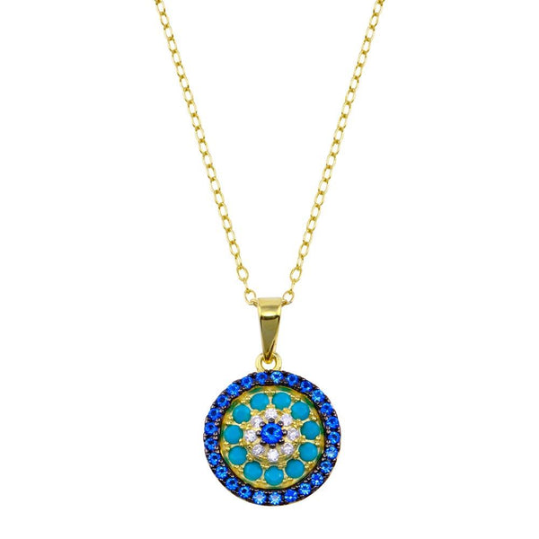 Gold Plated 925 Sterling Silver Round Charm Turquoise Blue CZ Necklace
